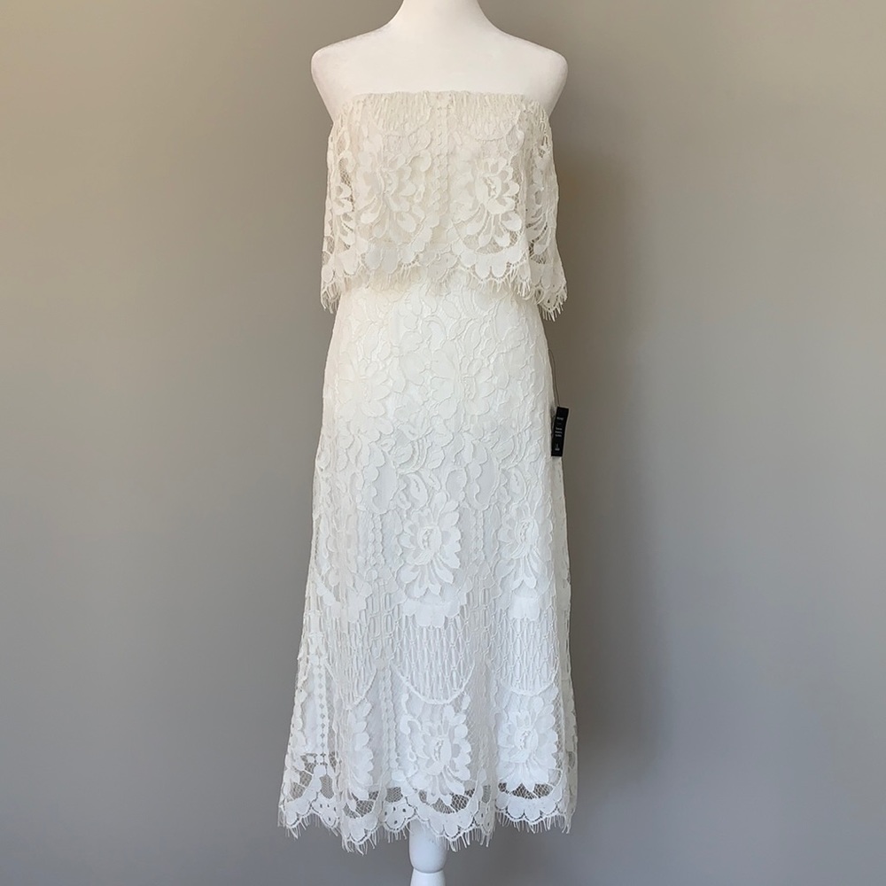 Lulus Delia white lace strapless midi dress fully lined back zip scalloped hem S